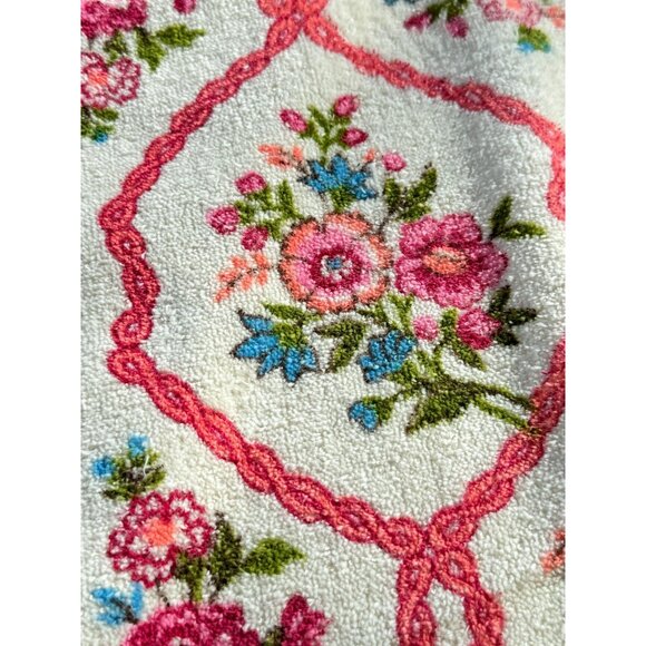 Vintage 70s bath towels, pink floral arabesques beige, fringed, for the pair - Picture 4 of 9